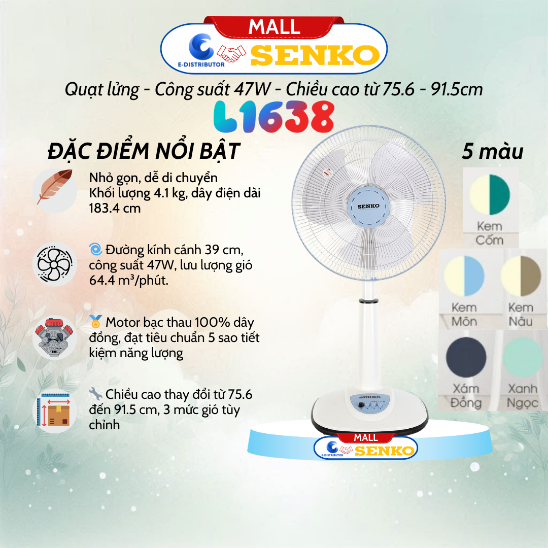 Quạt Lửng Ống Nhựa Senko L1638 - Công suất 47W - Màu Ngẫu Nhiên - Hàng Chính Hãng