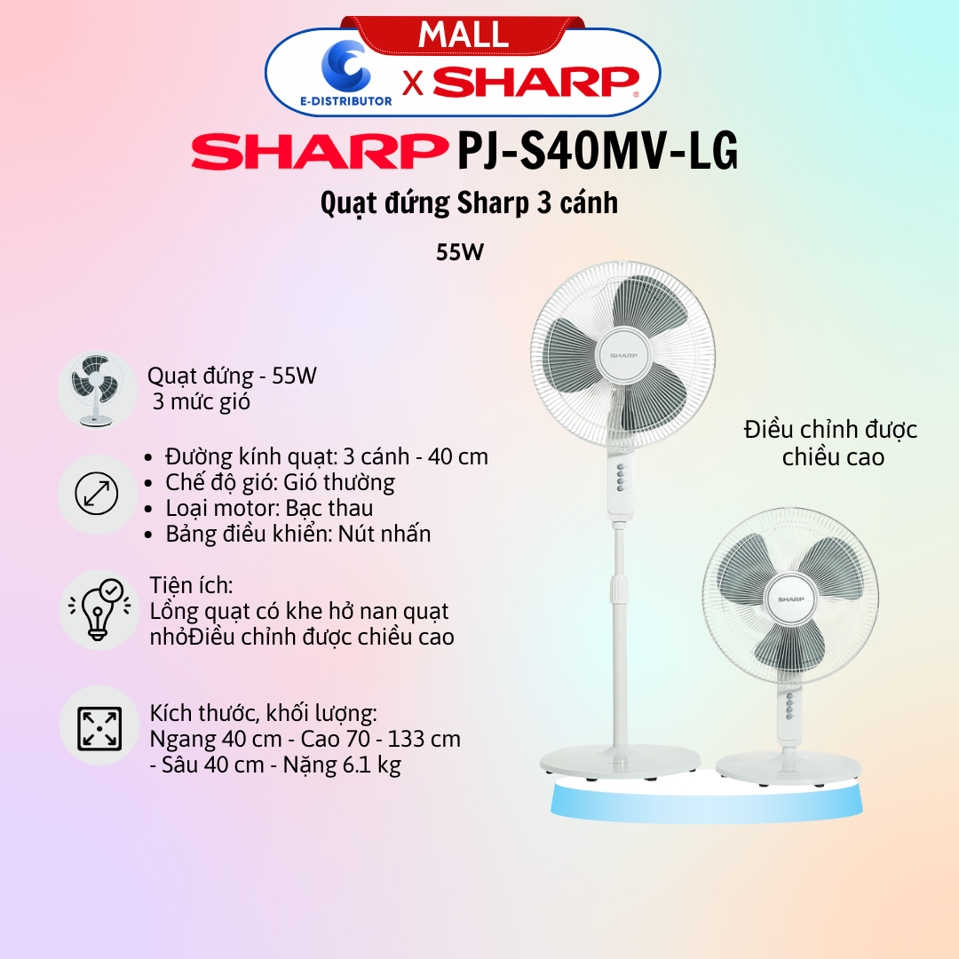 Quạt đứng Sharp không có điều khiển PJ-S40MV-LG
