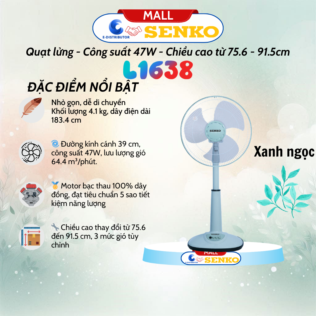 Quạt Lỡ Ống Nhựa Senko L1638 màu xanh ngọc