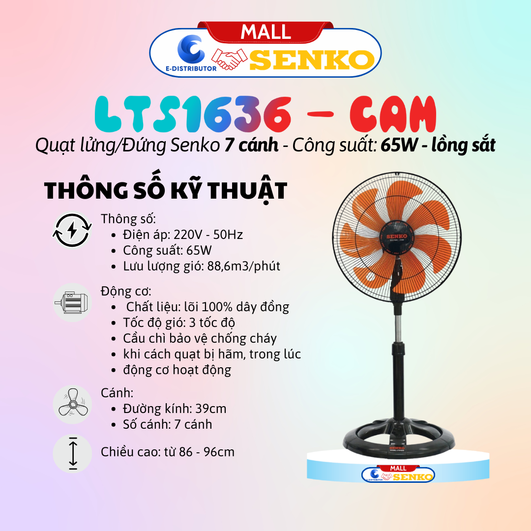 Quạt Điện Đứng 7 Cánh Senko LTS1636 màu đen cam - Hàng Chính Hãng