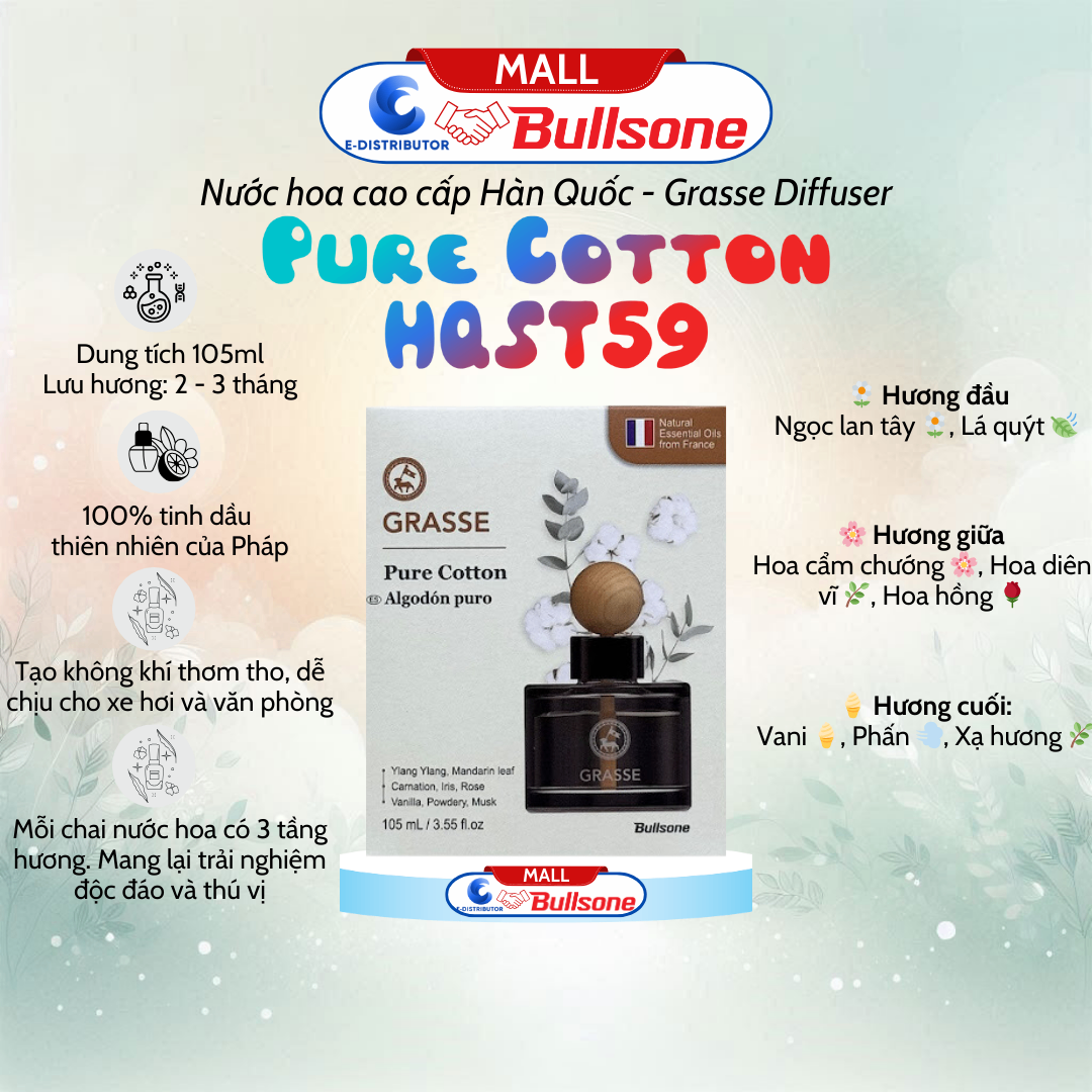 Nước Hoa Ô Tô Bullsone Grasse Pure Cotton (Hương bông tinh khiết) HQST59