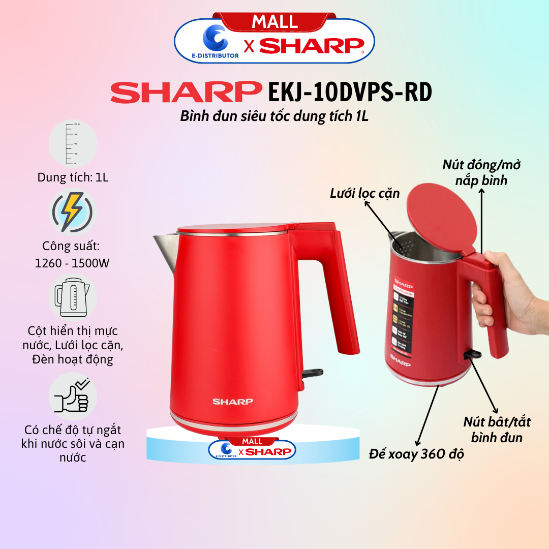 Bình đun siêu tốc Sharp 1 lít EKJ-10DVPS-RD