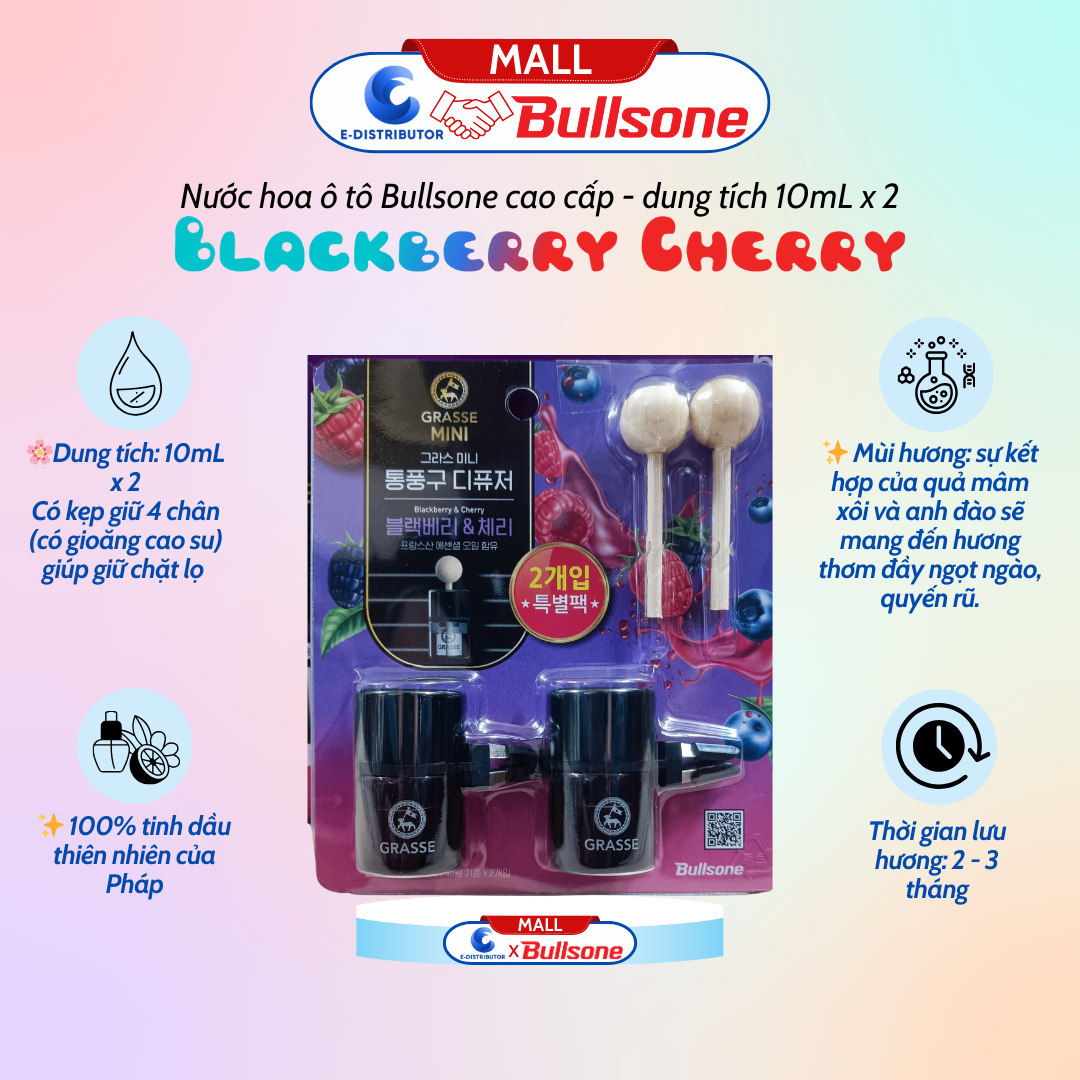Bộ 2 Nước Hoa Ô Tô Bullsone kẹp lỗ máy lạnh 10ml Blackberry & Cherry (Hương Dâu Đen Và Quả Anh Đào) HQST82