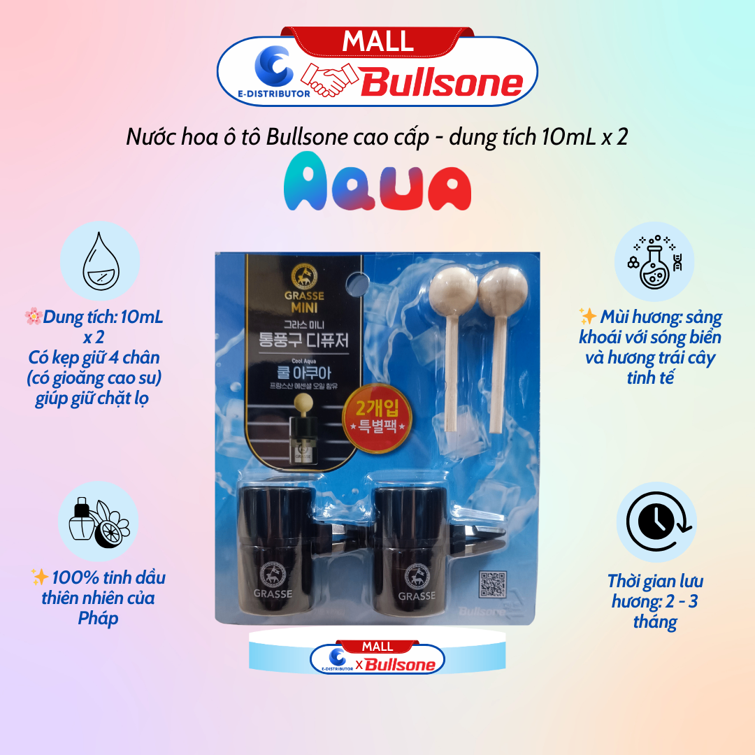Bộ 2 Nước Hoa Ô Tô Bullsone kẹp lỗ máy lạnh 10ml Cool Aqua HQST84