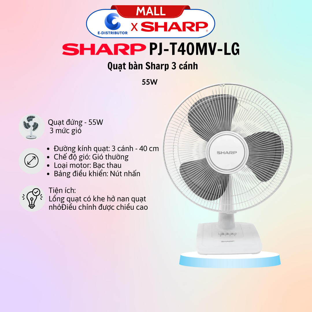 Quạt để bàn PJ-T40MV-LG Sharp Động Cơ Bạc Thau Công Suất 55W
