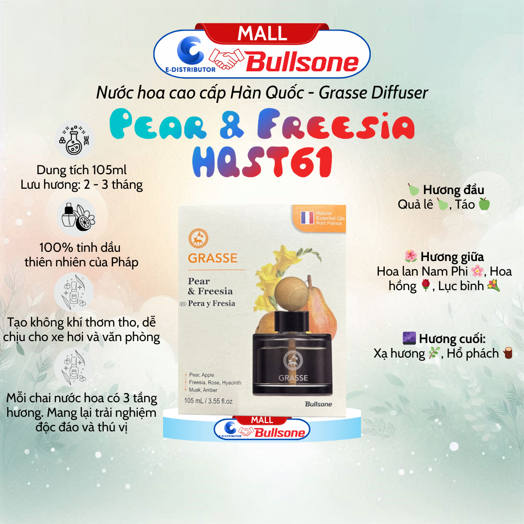 Nước Hoa Ô Tô Bullsone Grasse Pear & Freesia (Hương quả lê và hoa lan nam phi) HQST61