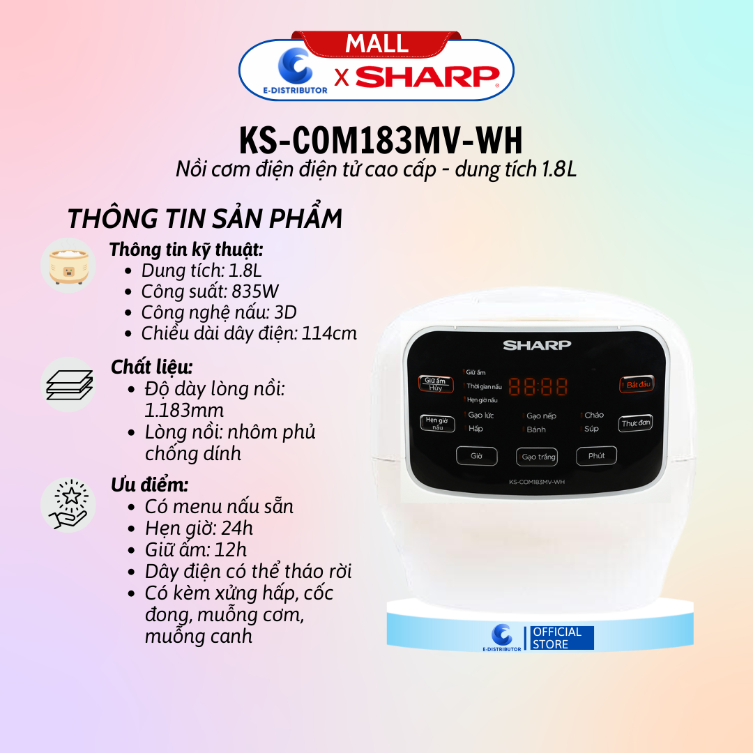 Nồi Cơm Điện Sharp KS-COM183MV-WH 1.8L