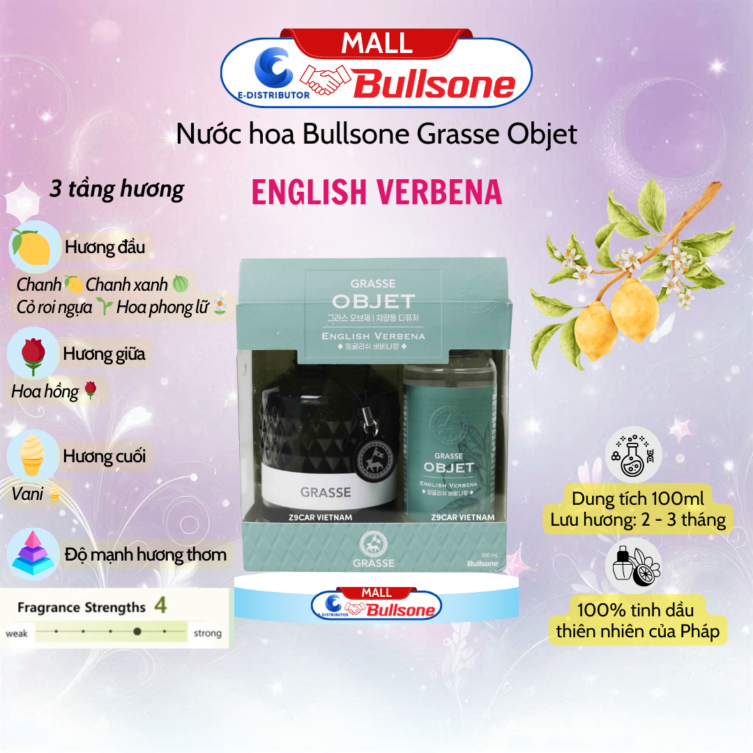 Nước Hoa Ô Tô Bullsone Grasse Objet English Verbena (Hương cỏ roi ngựa và chanh tươi) HQST74