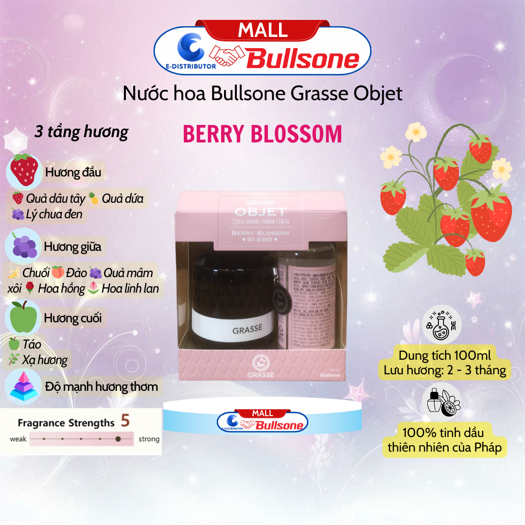Nước Hoa Ô Tô Bullsone Grasse Objet Diffuser Berry Blossom (Hương dâu chín mọng) HQST75 100ml