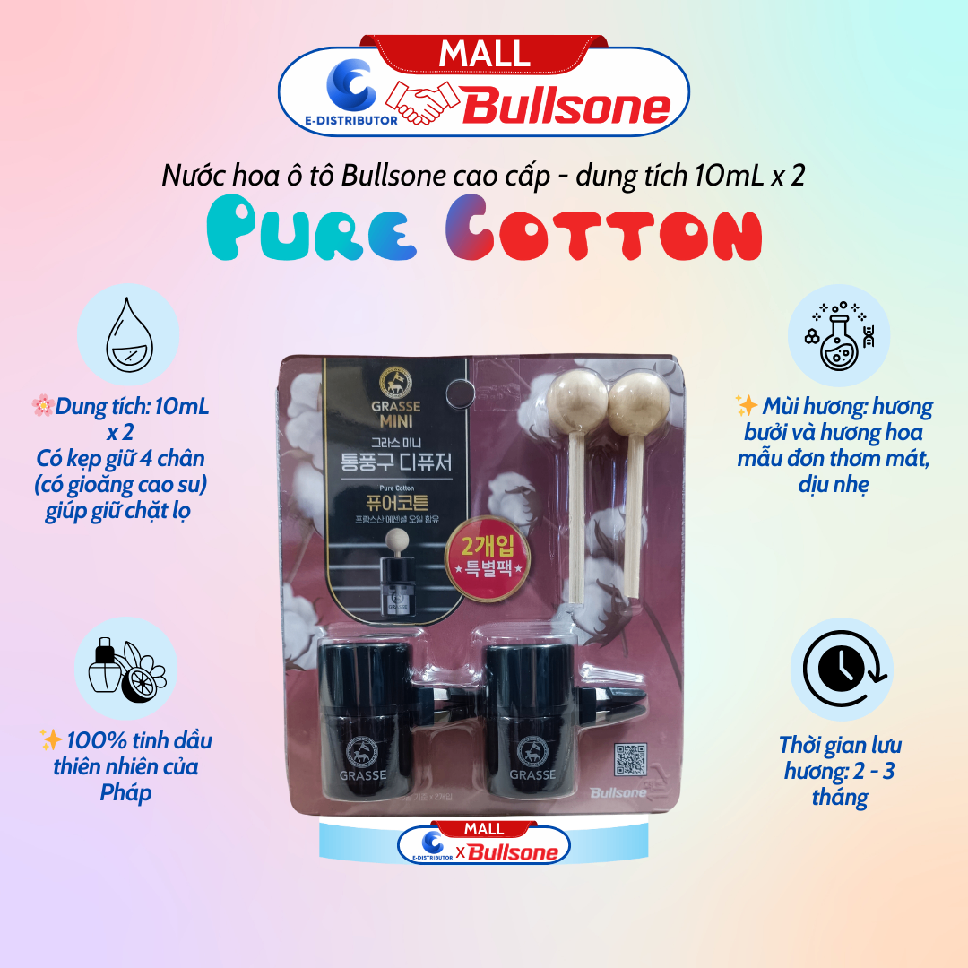 Bộ 2 Nước Hoa Ô Tô Bullsone kẹp lỗ máy lạnh 10ml Pure Cotton (Hương bông tinh khiết) HQST83