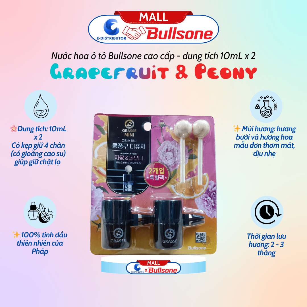 Bộ 2 Nước Hoa Ô Tô Bullsone kẹp lỗ máy lạnh 10ml Grapefruit & Peony (Hương Bưởi Và Hoa Mẫu Đơn) HQST81