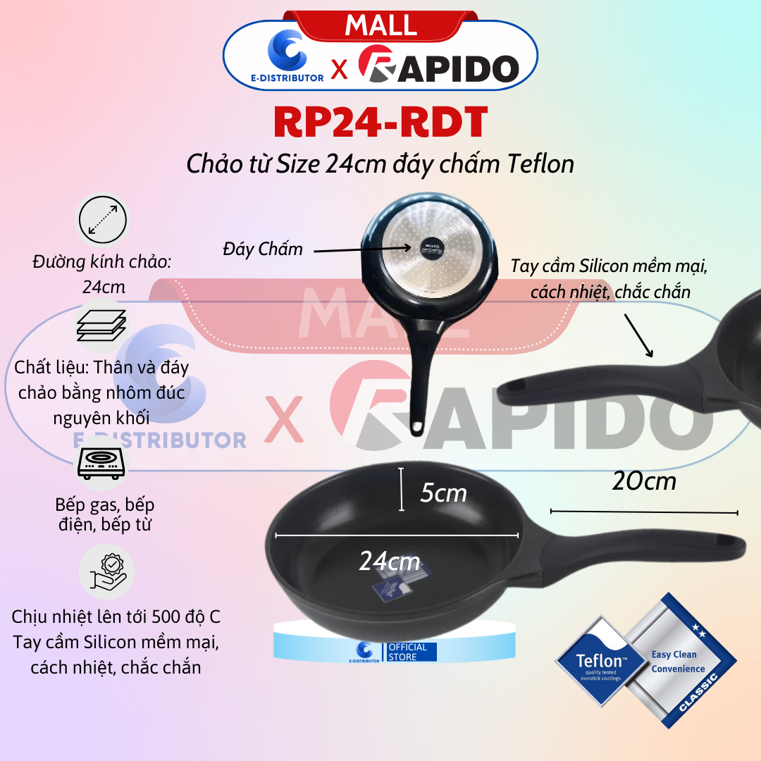 Chảo từ Rapido Size 24 đáy chấm Teflon RP24-RDT