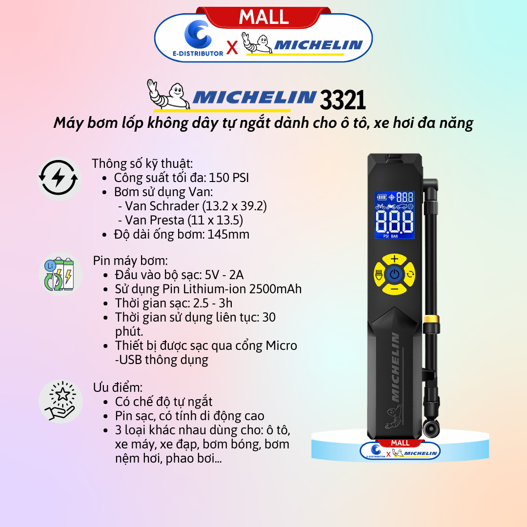 Máy bơm lốp xe Ô tô, xe máy khẩn cấp có đèn Led 12V Michelin 3321