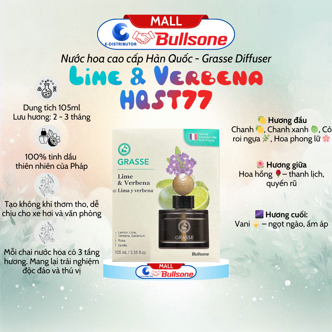 Nước Hoa Ô Tô Bullsone Grasse Diffuser Lime & Verbena (Chanh và Chi cỏ roi ngựa) HQST77 105ml