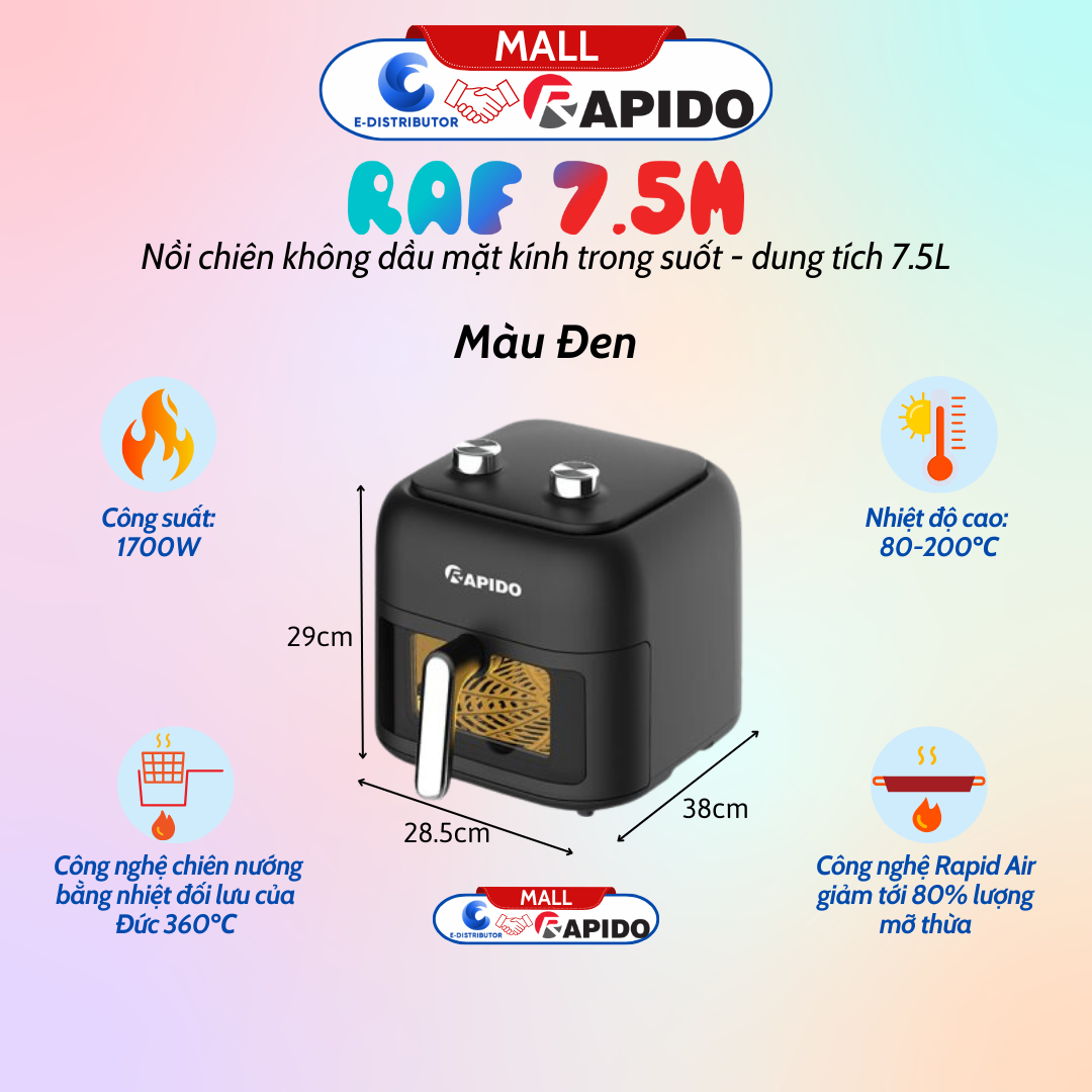 Nồi chiên không dầu Rapido RAF 7.5M màu đen