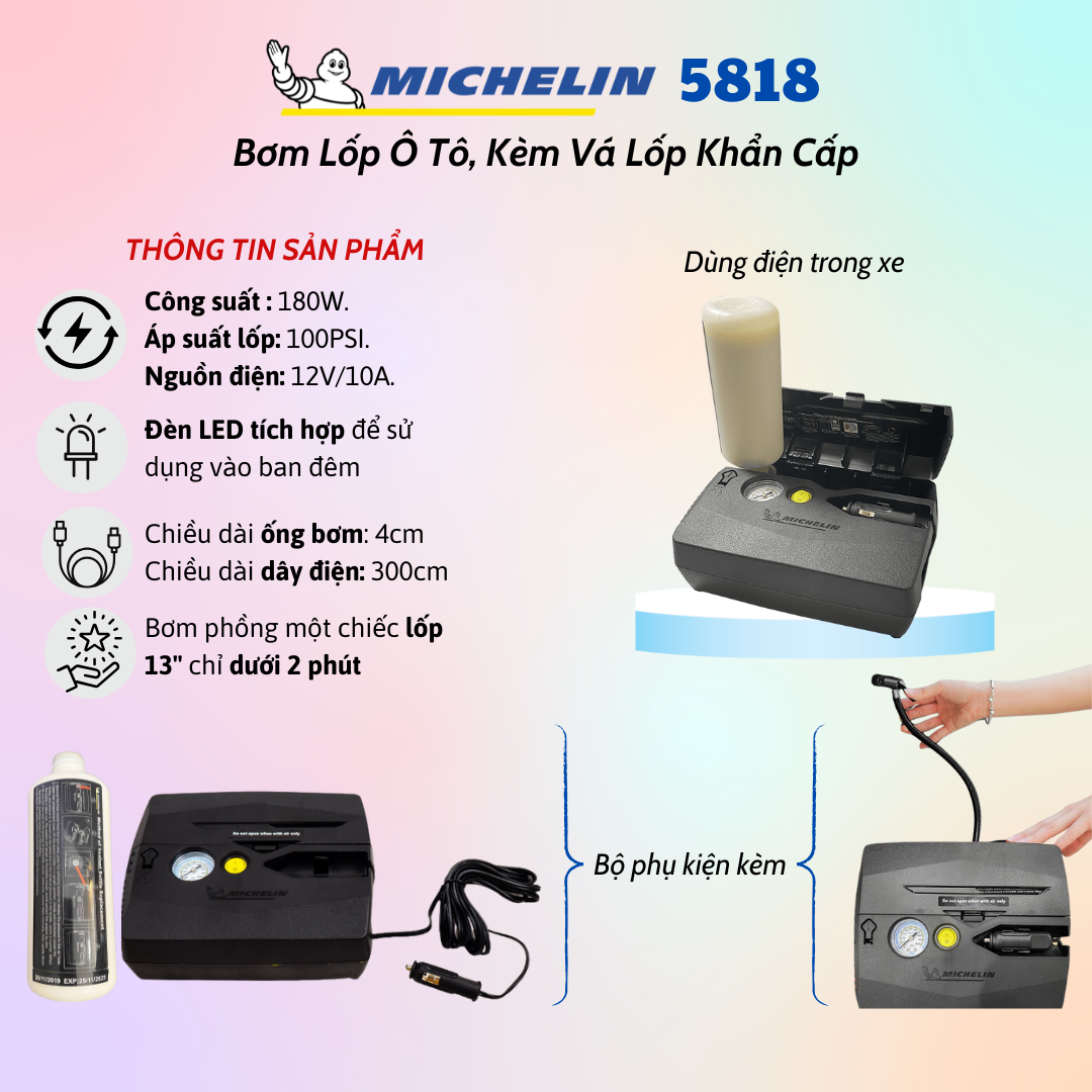 Máy Bơm Ô tô, xe máy kèm vá lốp Xe Khẩn Cấp 12V Michelin 5818