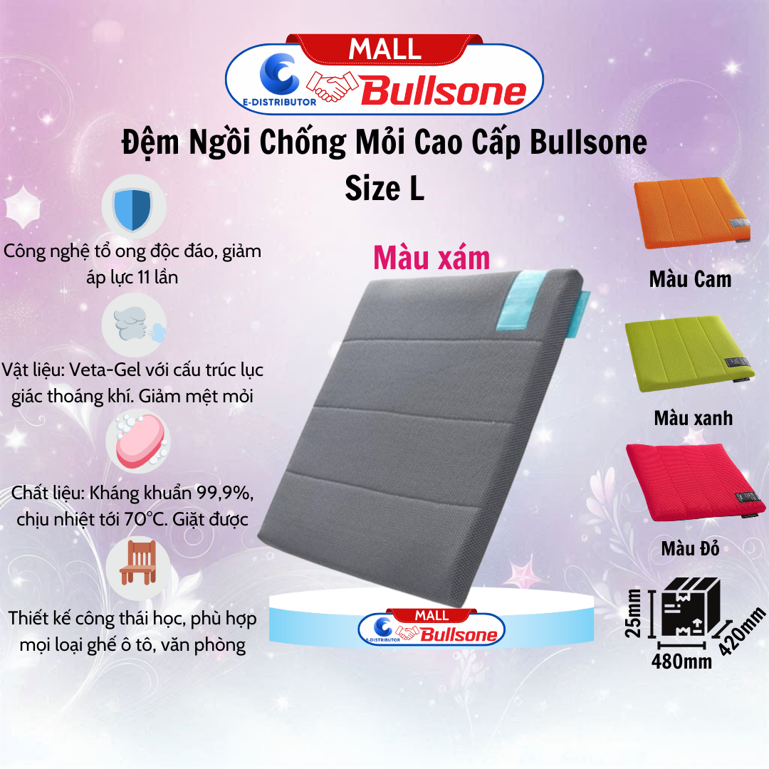 Đệm Ngồi Lót Ghế Ô Tô Cao Cấp Bullsone size L (48 x 46.5 x 3.2 cm) - Xám HQLG01