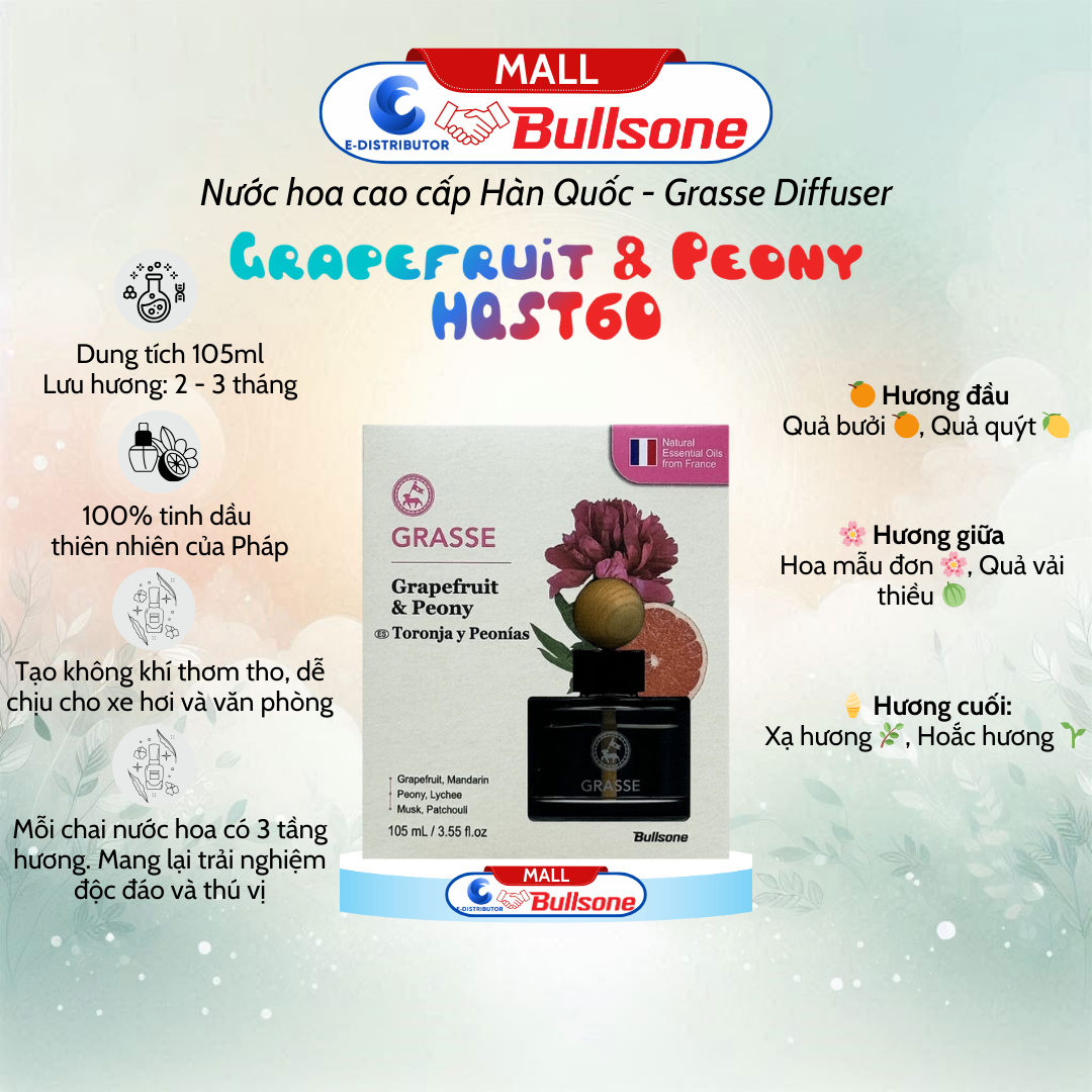 Nước Hoa Ô Tô Bullsone Grasse Diffuser Grapefruit & Peony (Hương Bưởi Và Hoa Mẫu Đơn) HQST60 105ml