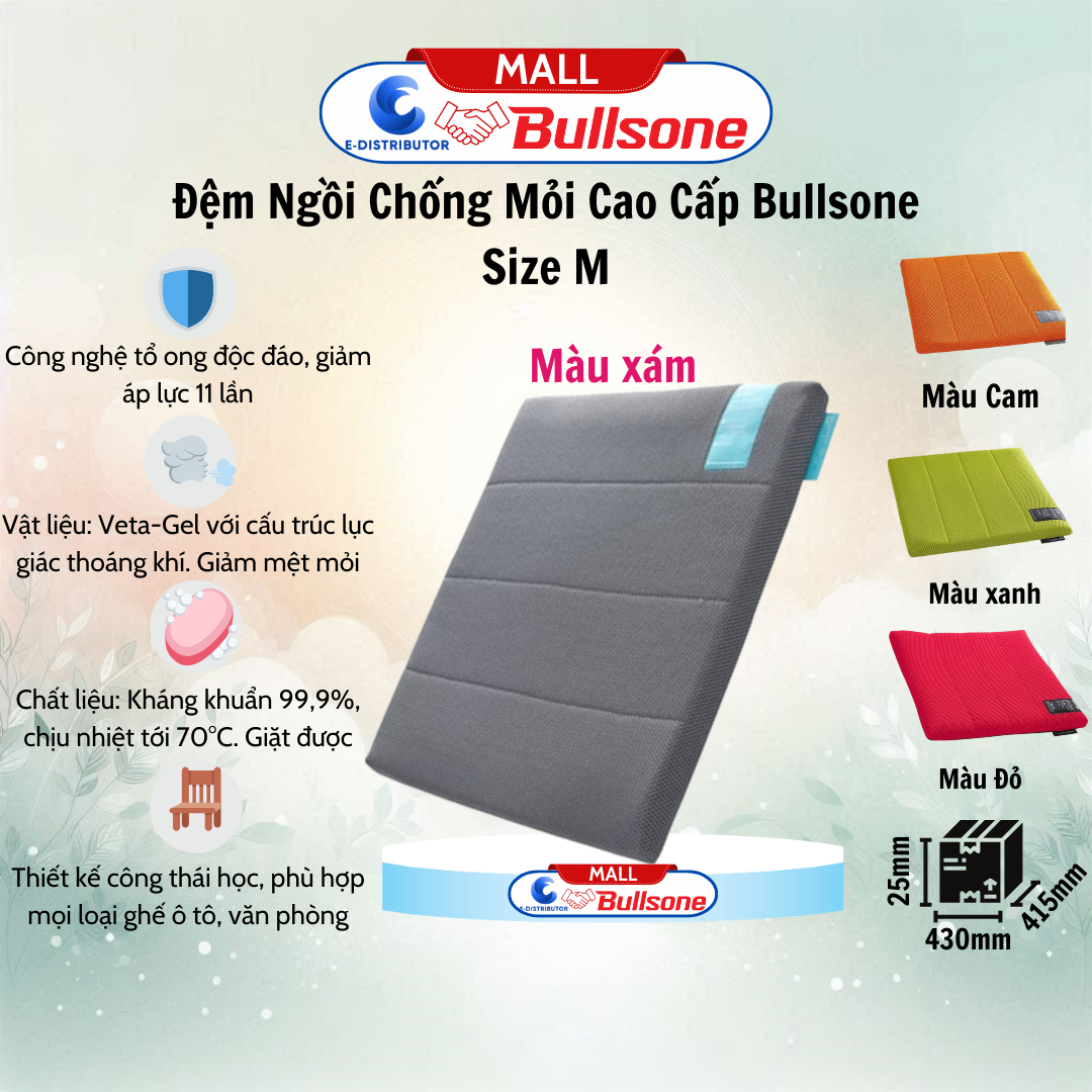 Đệm Ngồi Lót Ghế Ô Tô Cao Cấp Bullsone size M (43 x 41.5 x 2.5 cm) - Xám