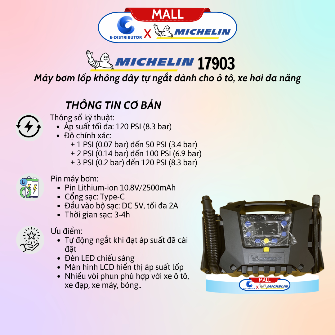 Máy bơm Xe Hơi Pin Li-ion không dây Michelin 17903