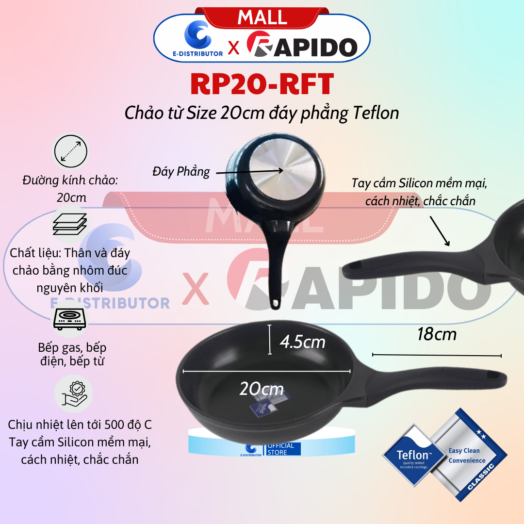 Chảo từ Rapido Size 20 đáy phẳng Teflon RP20-RFT