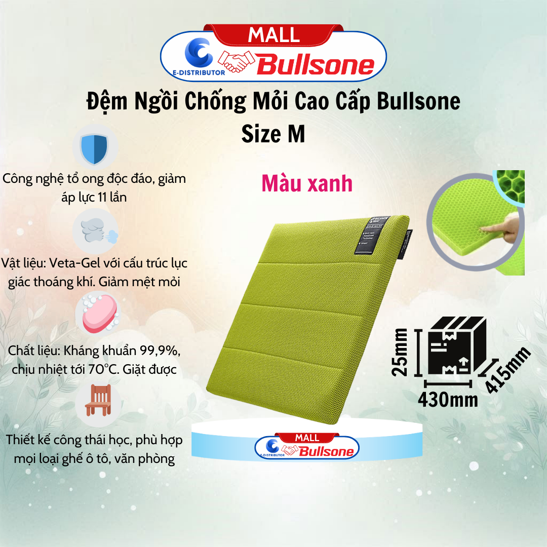 Đệm Ngồi Lót Ghế Ô Tô Cao Cấp Bullsone size M (43 x 41.5 x 2.5 cm) - Xanh