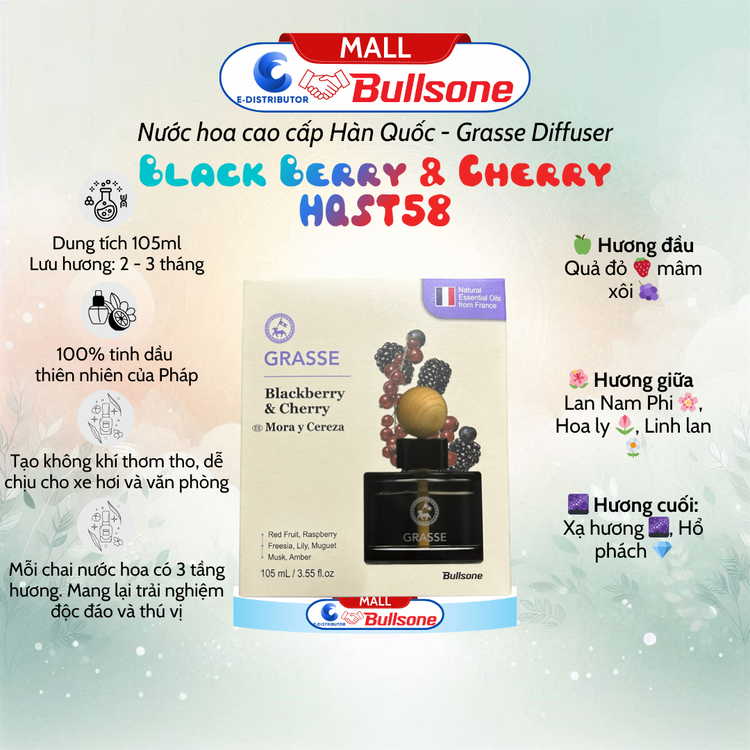 Nước Hoa Ô Tô Bullsone Grasse Diffuser Blackberry & Cherry (Hương Dâu Đen Và Quả Anh Đào) HQST58 105ml