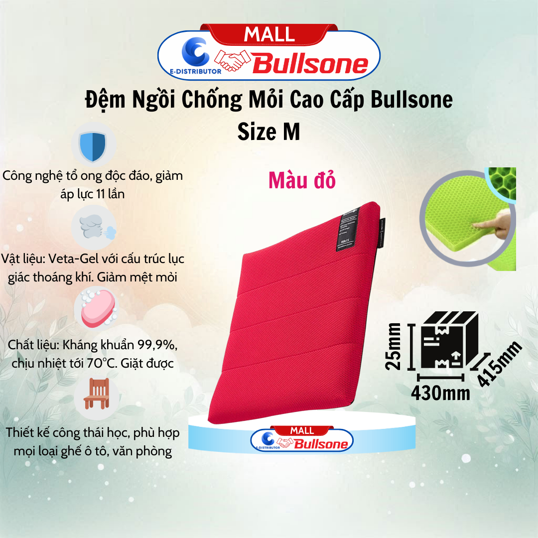 Đệm Ngồi Lót Ghế Ô Tô Cao Cấp Bullsone size M (43 x 41.5 x 2.5 cm) - Đỏ