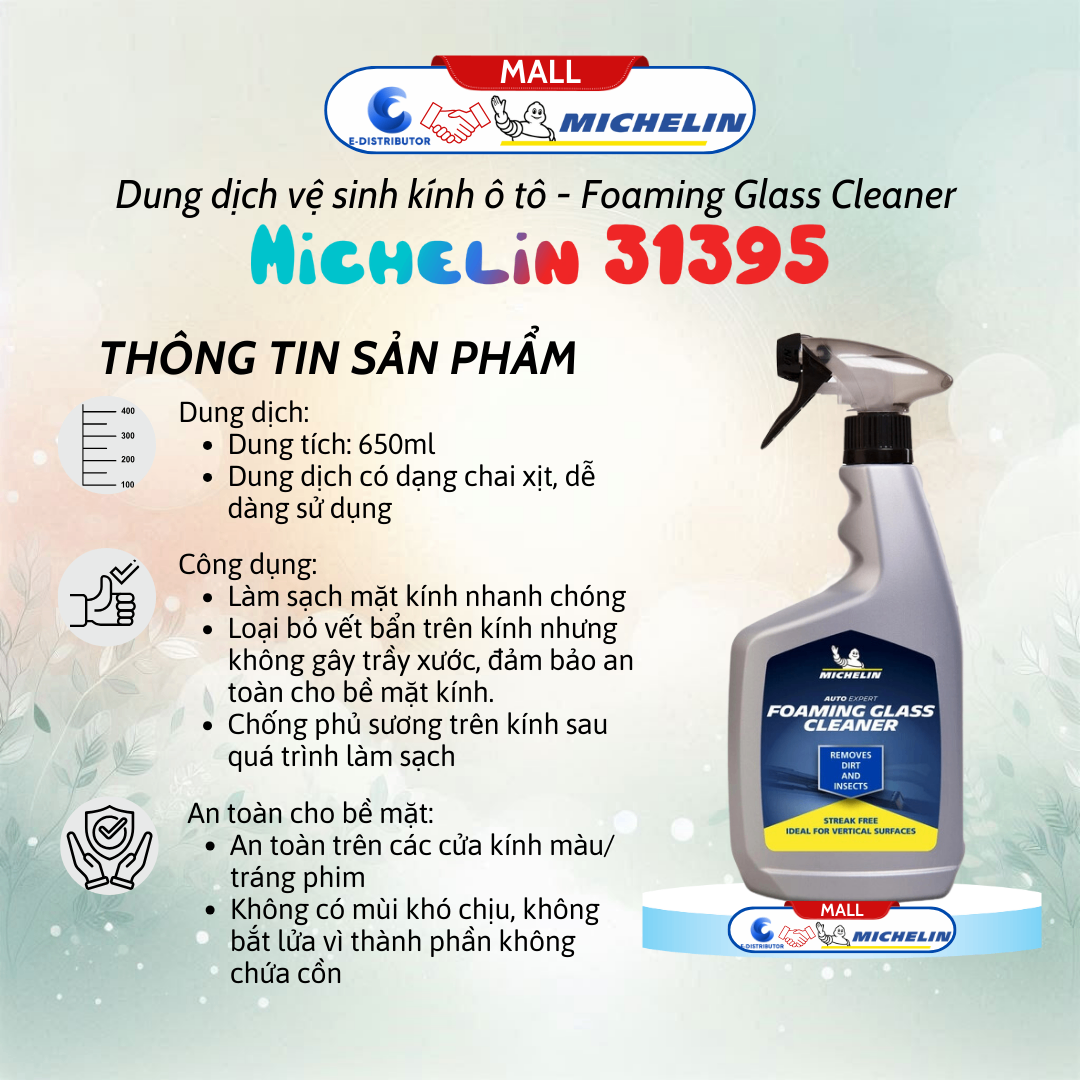 Dung dịch vệ sinh gương Michelin Foaming Glass Cleaner 31395 - 650ml - Hàng chính hãng