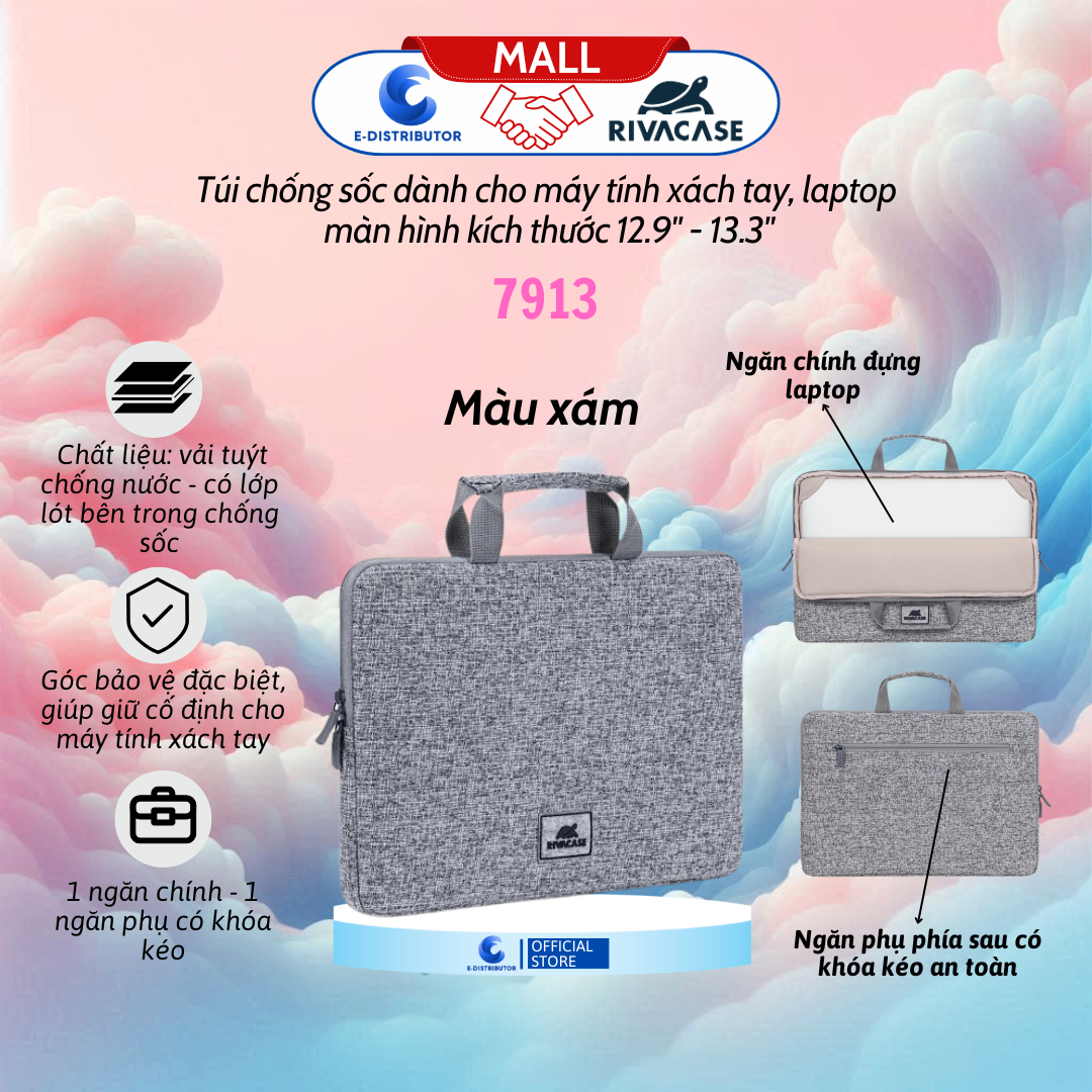 Túi chống sốc dành cho máy tính xách tay hỗ trợ kích thước màn hình 12.9''-13.3 RIVACASE7913 màu xám