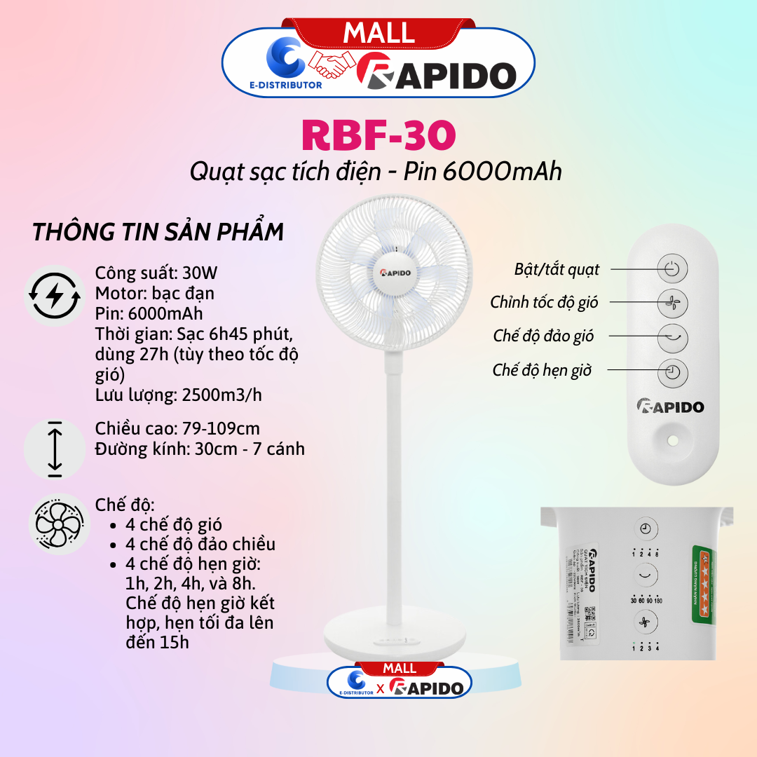 Quạt tích điện Rapido RBF-30 (6000mAh)