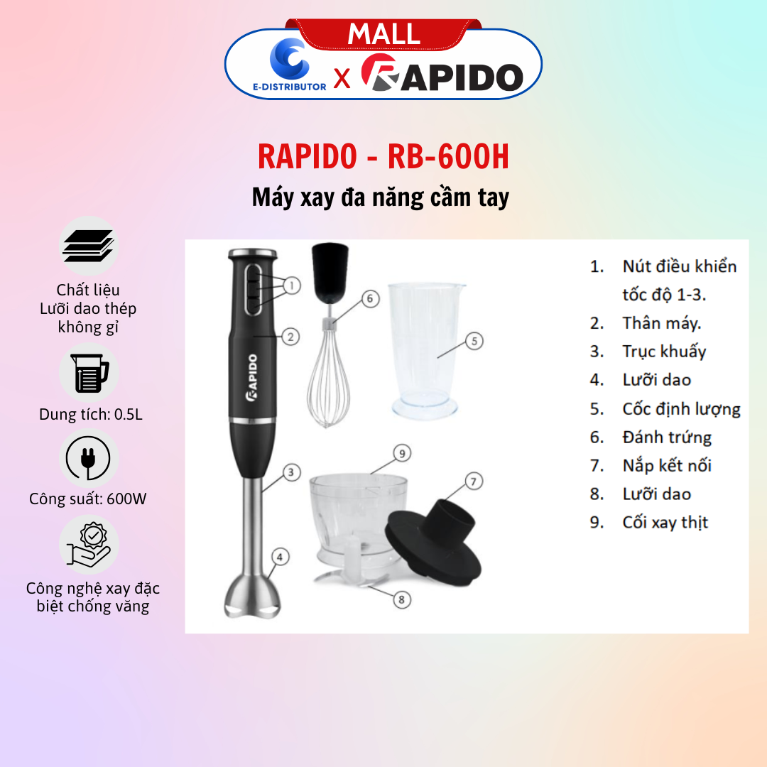 Máy xay đa năng cầm tay Rapido RB-600H