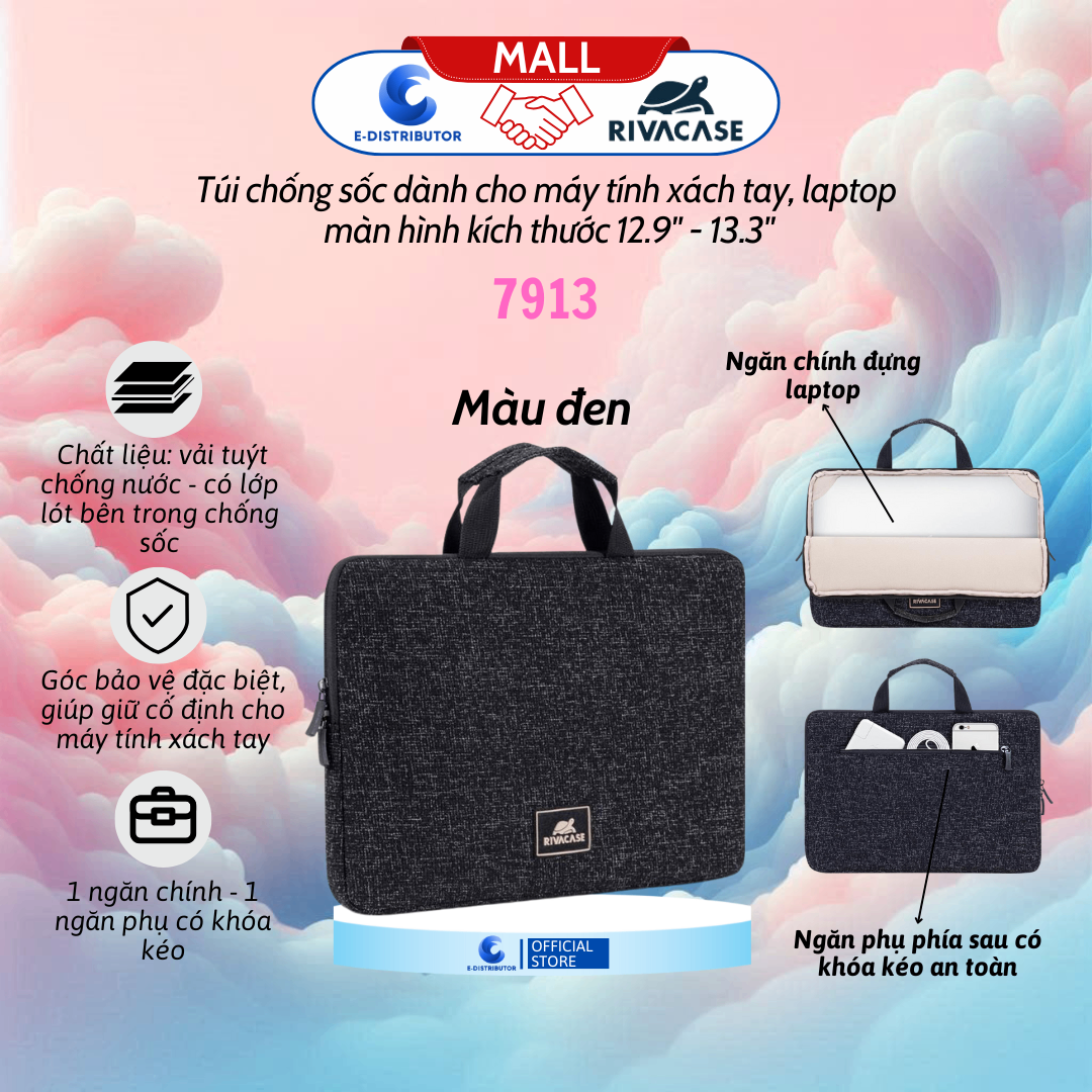 Túi chống sốc dành cho máy tính xách tay hỗ trợ kích thước màn hình 12.9''-13.3 RIVACASE7913 màu đen
