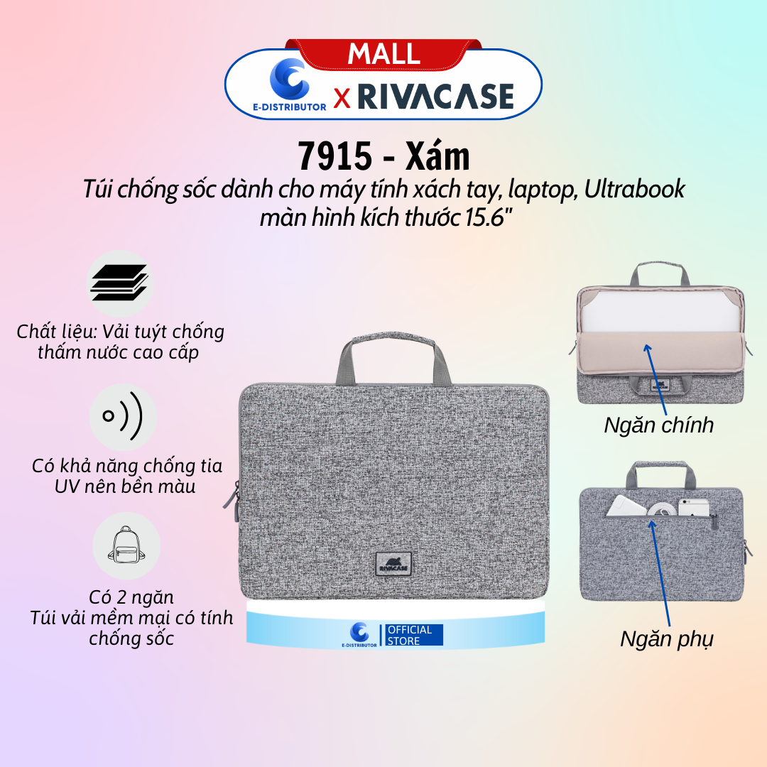 Túi chống sốc dành cho máy tính xách tay hỗ trợ kích thước màn hình 15.6'' RIVACASE7915 màu xám