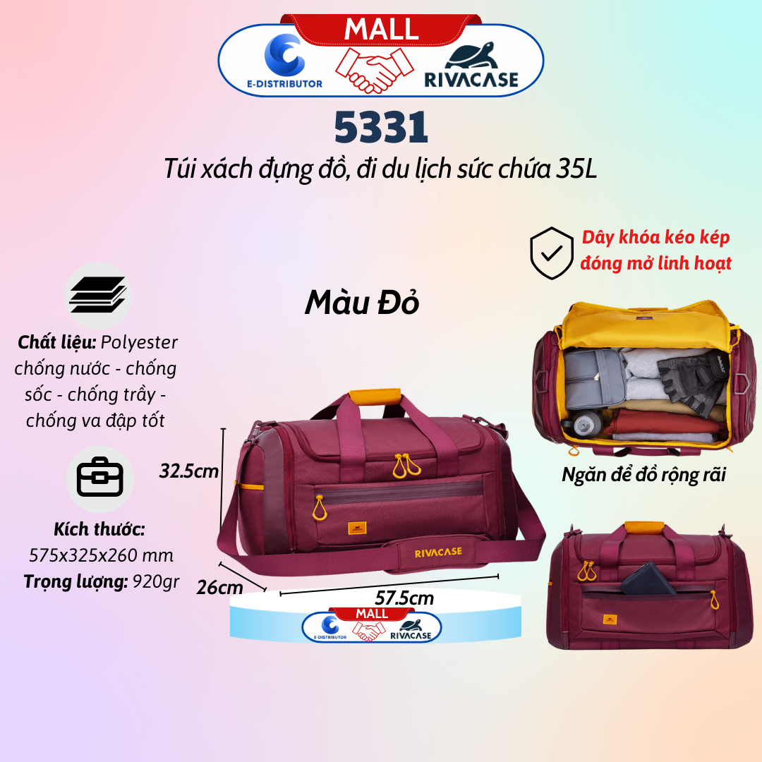 Túi xách du lịch Rivacase 5331 sức chứa 35L màu đỏ tía
