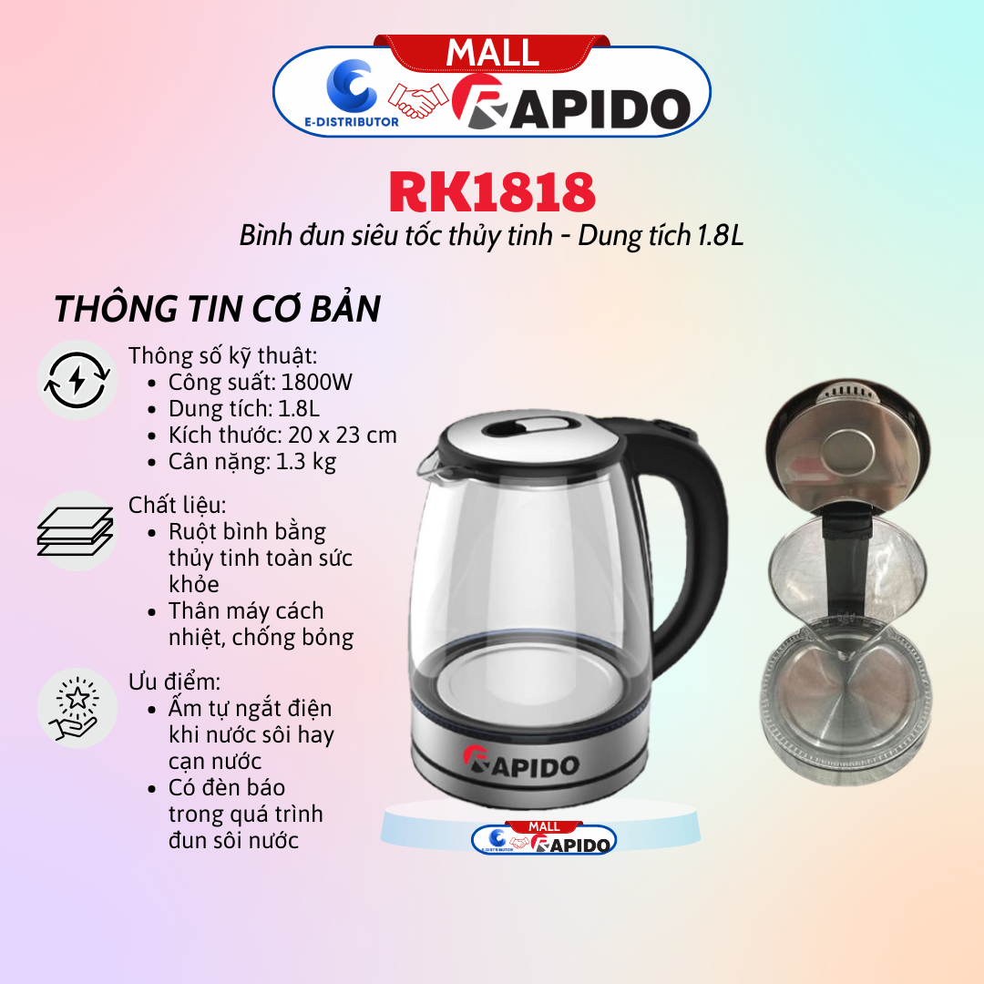 Ấm siêu tốc thủy tinh Rapido RK1818