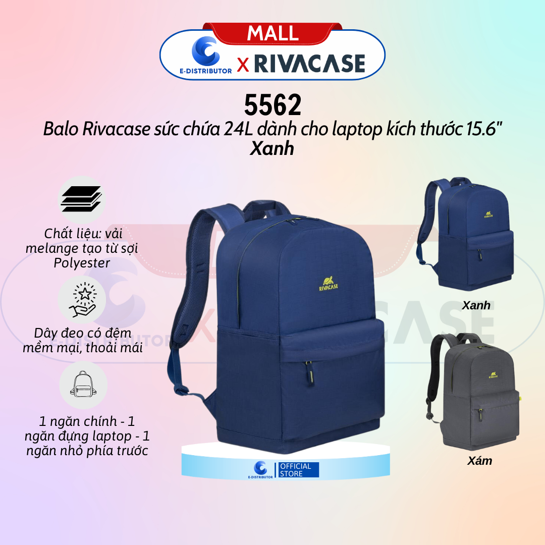 Ba lô 24L trọng lượng nhẹ dùng cho du lịch, đi lại hàng ngày RIVACASE 5562 màu xanh