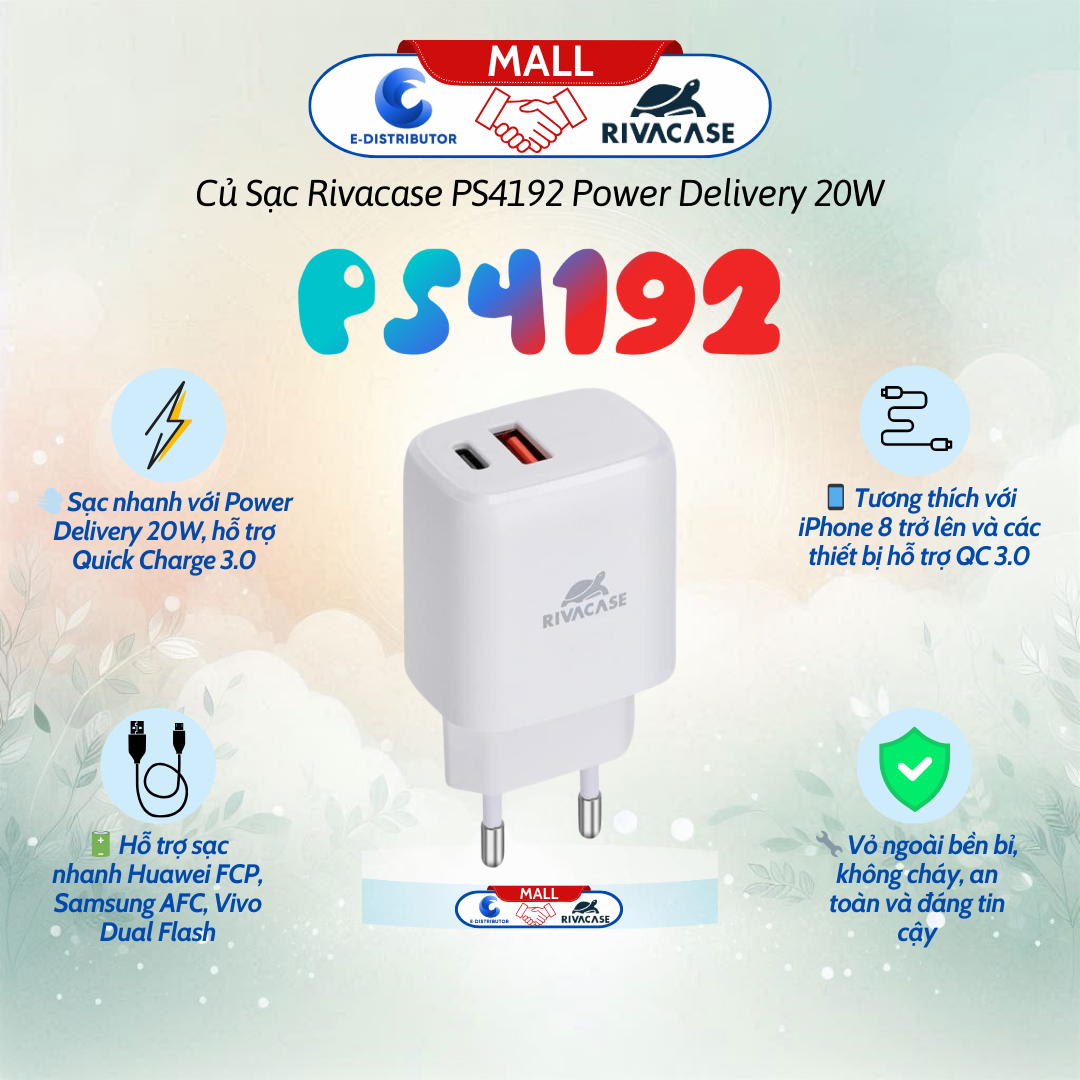 Củ Sạc Rivacase PS4192 W00 Power Delivery 20W màu trắng