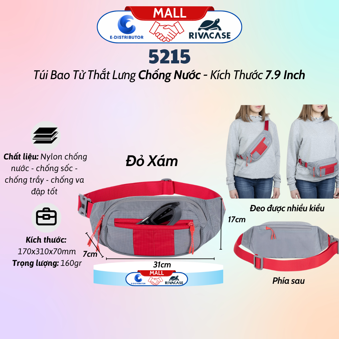 Túi đeo thắt lưng Rivacase 5215 màu đỏ xám
