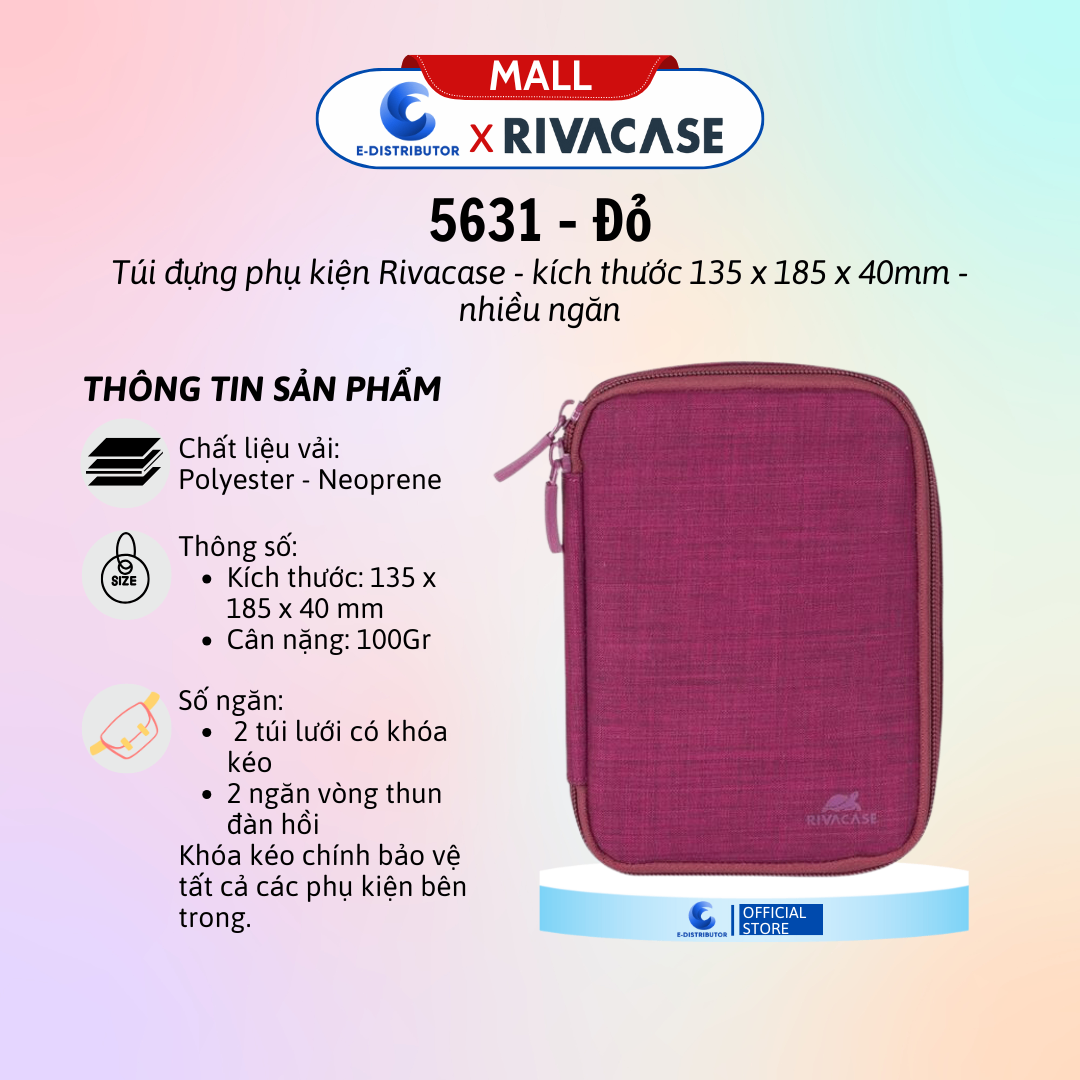 Túi đựng phụ kiện. Kích thước 135 × 185 × 40 mm RIVACASE 5631 màu đỏ