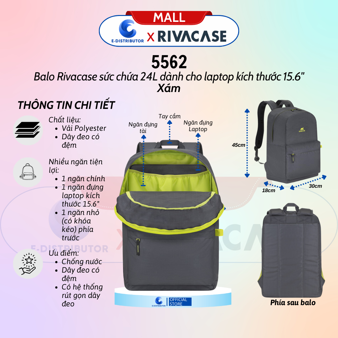 Ba lô 24L trọng lượng nhẹ dùng cho du lịch, đi lại hàng ngày RIVACASE 5562 màu xám