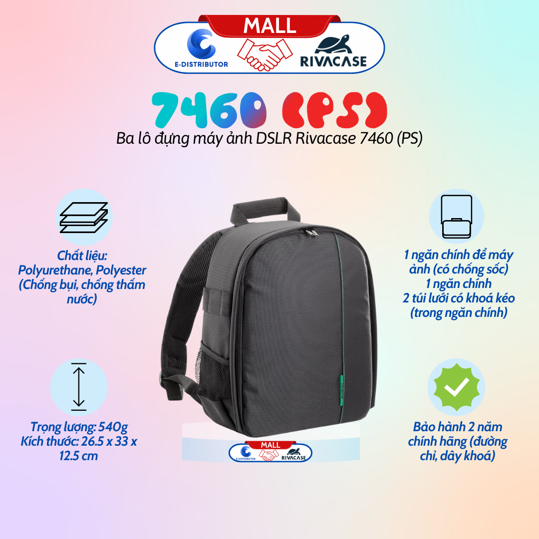 Balo dành cho máy ảnh DSLR hỗ trợ hầu hết các loại máy ảnh,tùy biến ngăn chứa RIVACASE 7460 (PS) màu đen