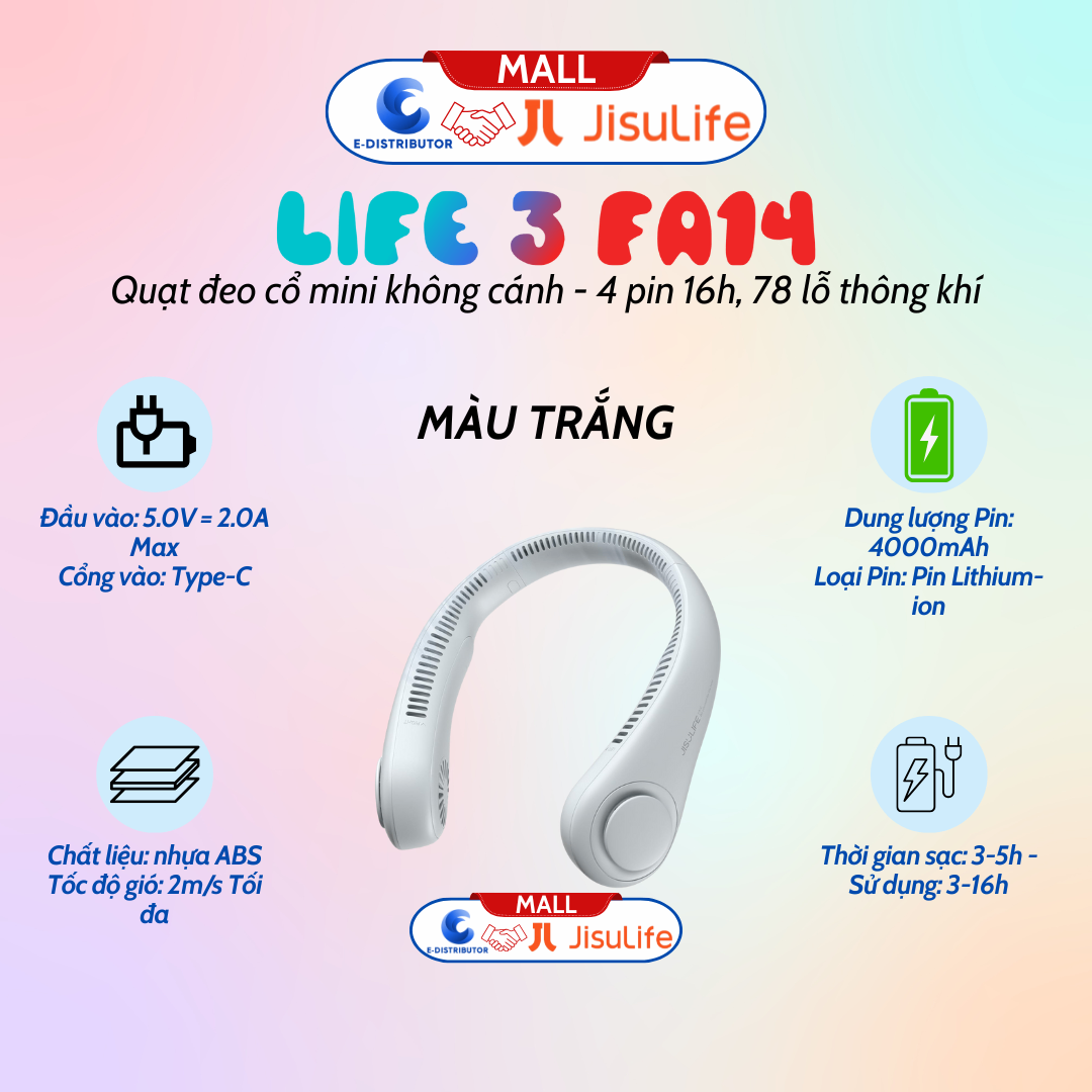 Quạt đeo cổ mini không cánh Jisulife NECK FAN LIFE3 FA14 pin 16 giờ, 78 lỗ thông khí màu xám