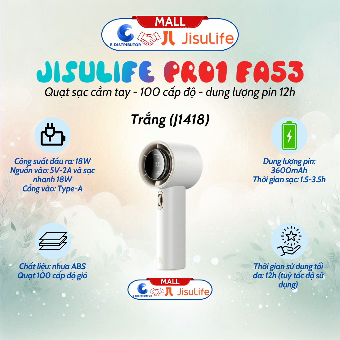 Quạt cầm tay mini đa năng Jisulife Pro1 FA53 vỏ nhựa ABS pin 12 giờ, 100 cấp độ gió - màu trắng