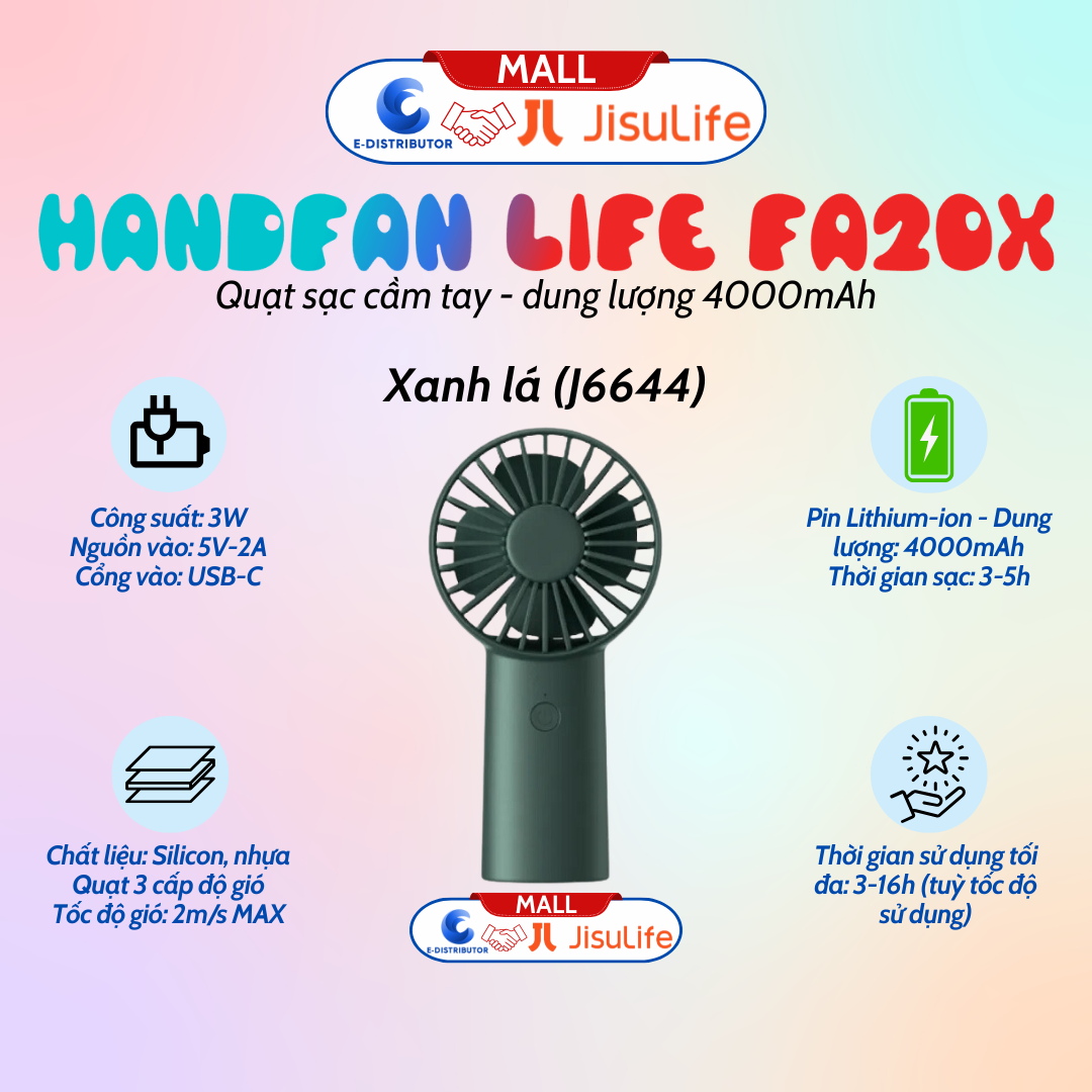 Quạt Cầm Tay Mini JISULIFE HandFan Life3 FA20X Pin4000mAh, Sạc Nhanh, vỏ ABS màu xanh lá