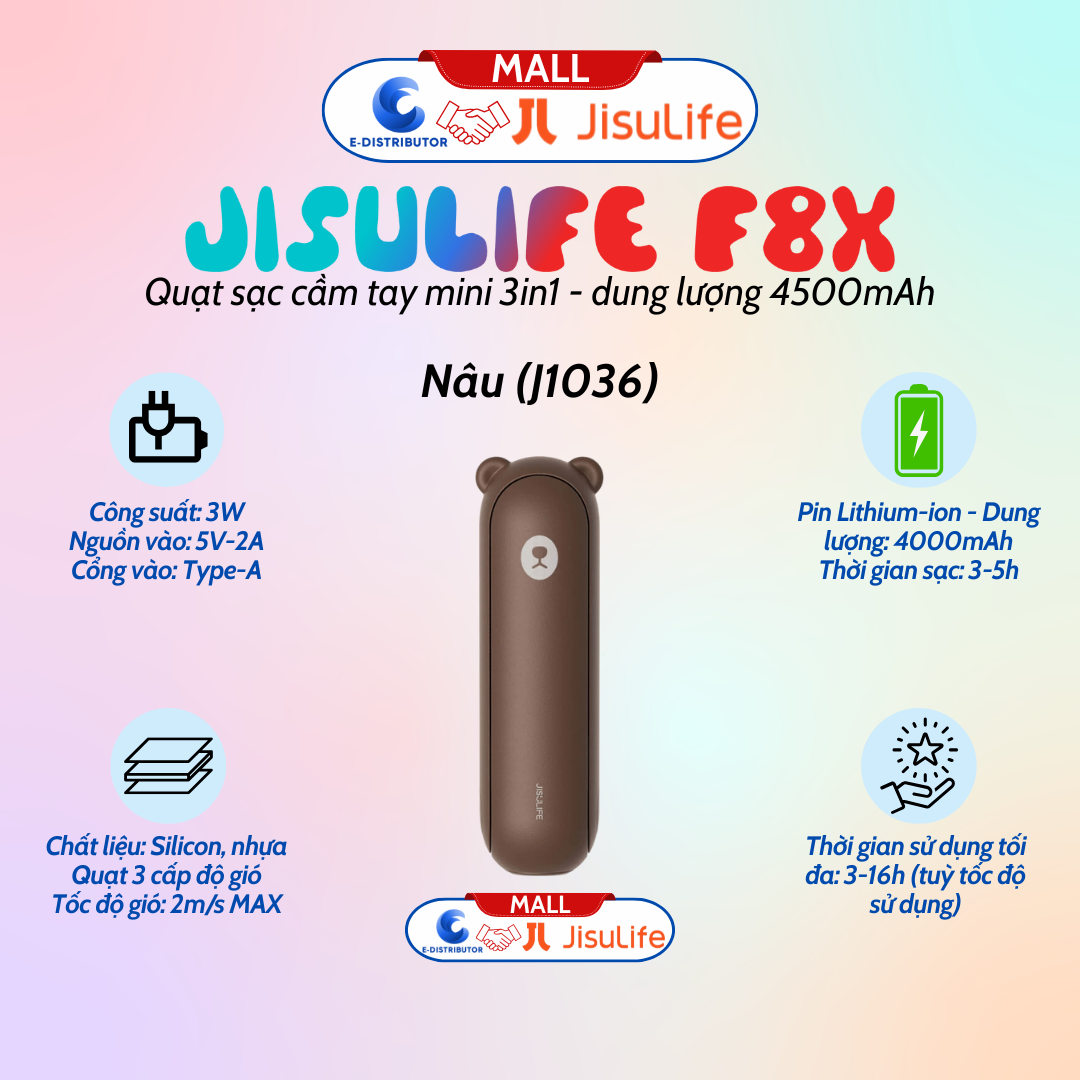 Quạt Cầm Tay Mini JISULIFE F8X 4500mAh Tích Hợp Sạc Dự Phòng, Đèn Pin Siêu Sáng màu nâu