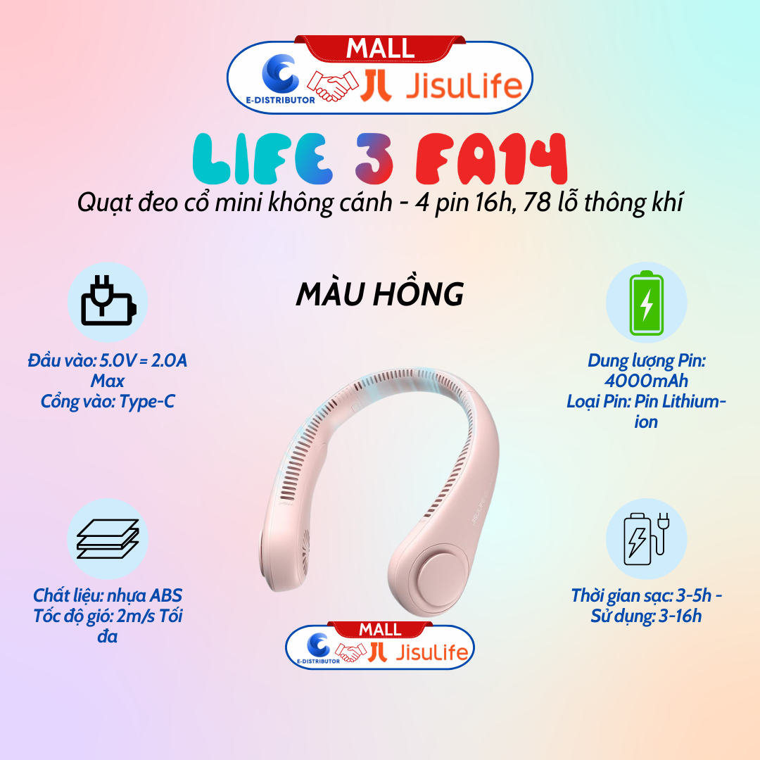 Quạt đeo cổ mini không cánh Jisulife NECK FAN LIFE3 FA14 pin 16 giờ, 78 lỗ thông khí - màu hồng