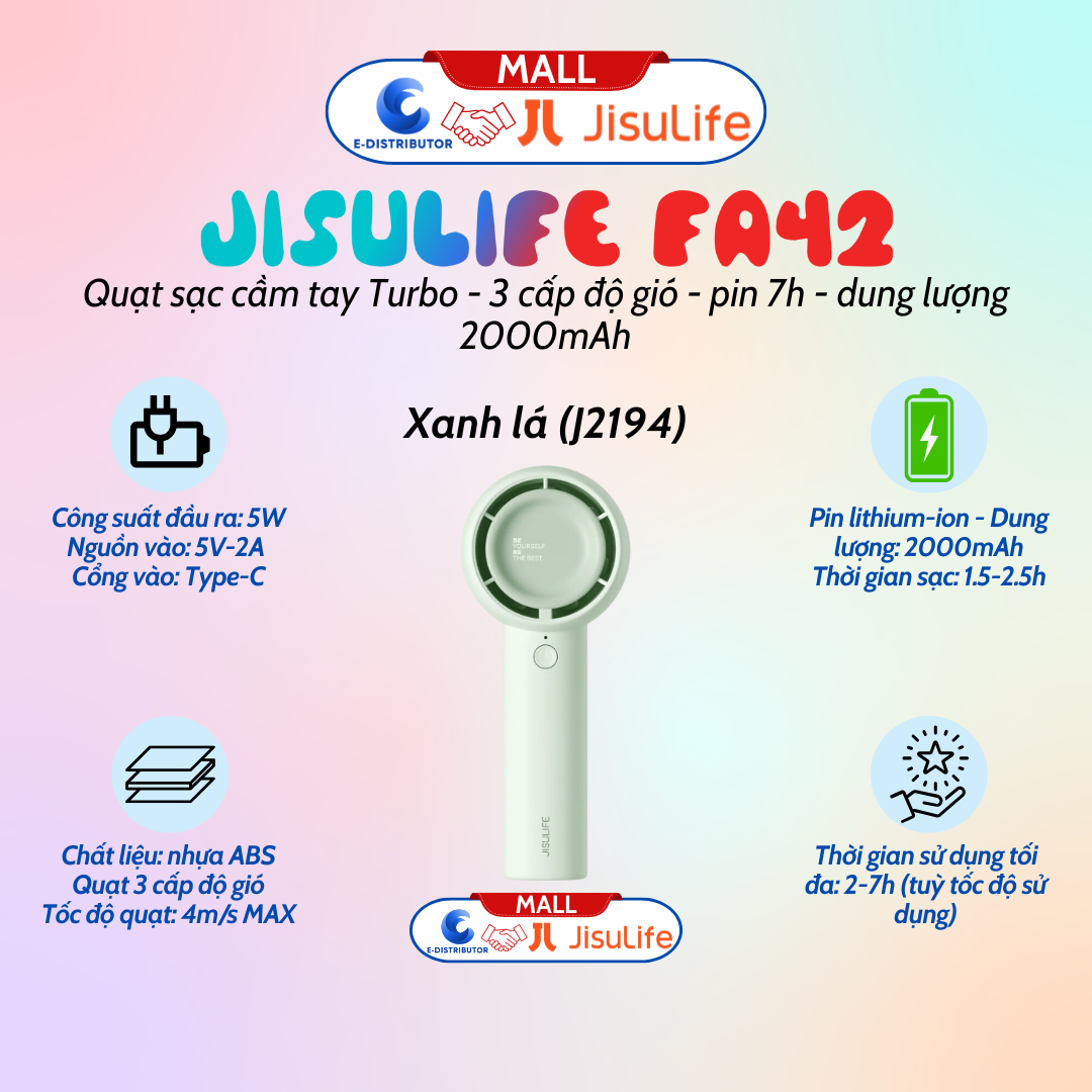 Quạt cầm tay Mini JISULIFE FA42 pin 2000mAh màu ngẫu nhiên