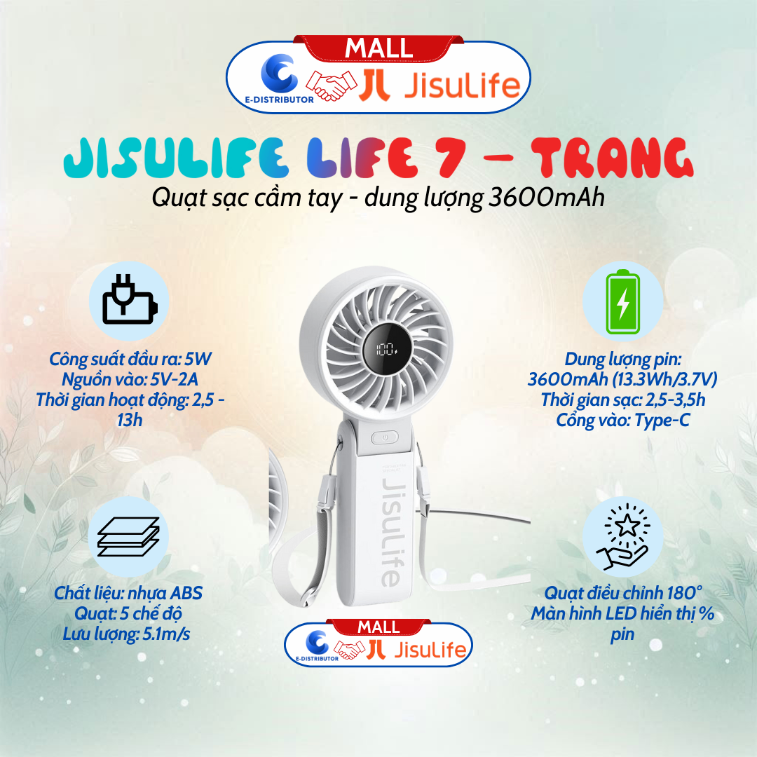 Quạt sạc cầm tay gấp gọn JisuLife Life 7 - dung lượng 3600mAh - Hàng chính hãng - màu ngẫu nhiên