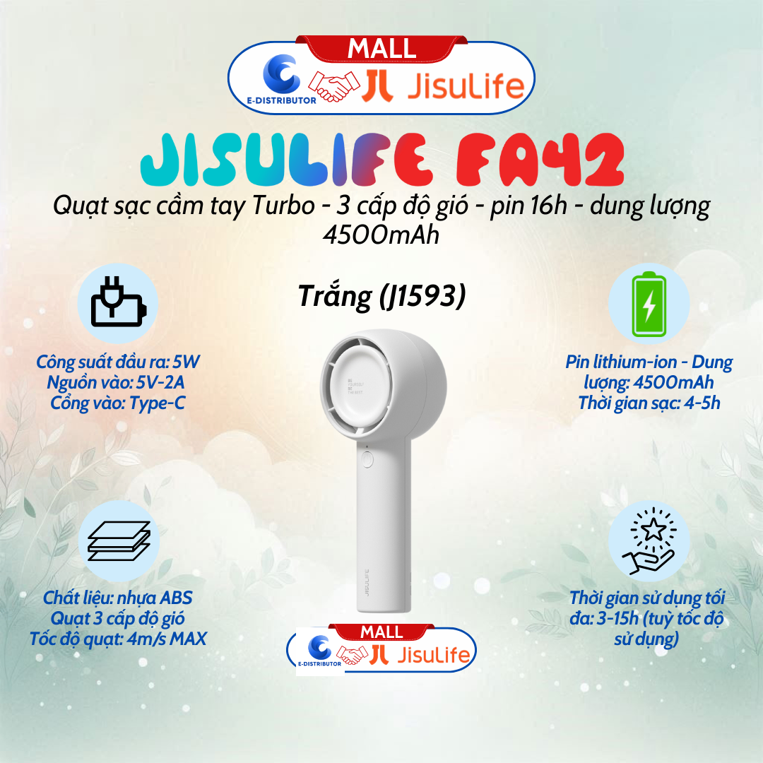 Quạt Mini Cầm Tay JISULIFE FA42 pin 7 giờ 4500mAh màu trắng